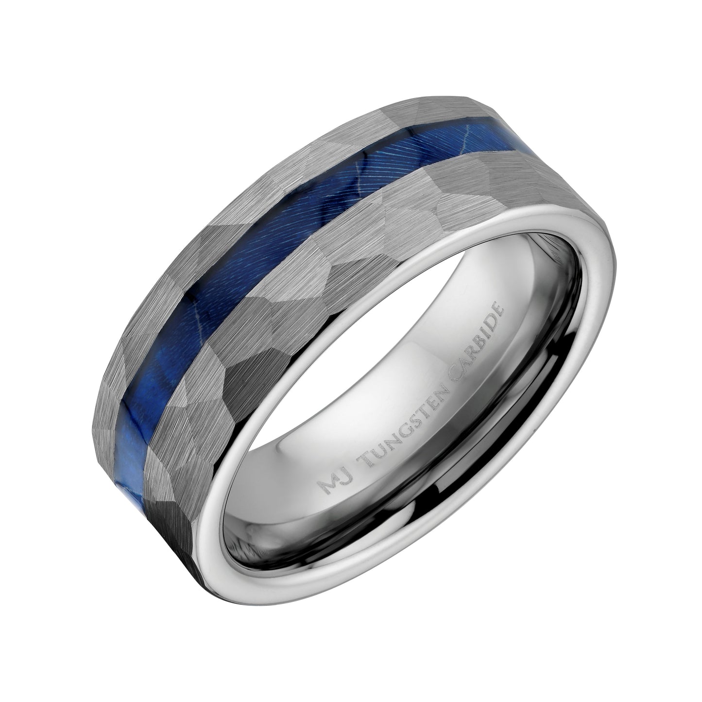 Brushed Hammered Tungsten Carbide Offset Groove with Blue Wood Inlay - Comfort Fit 8mm