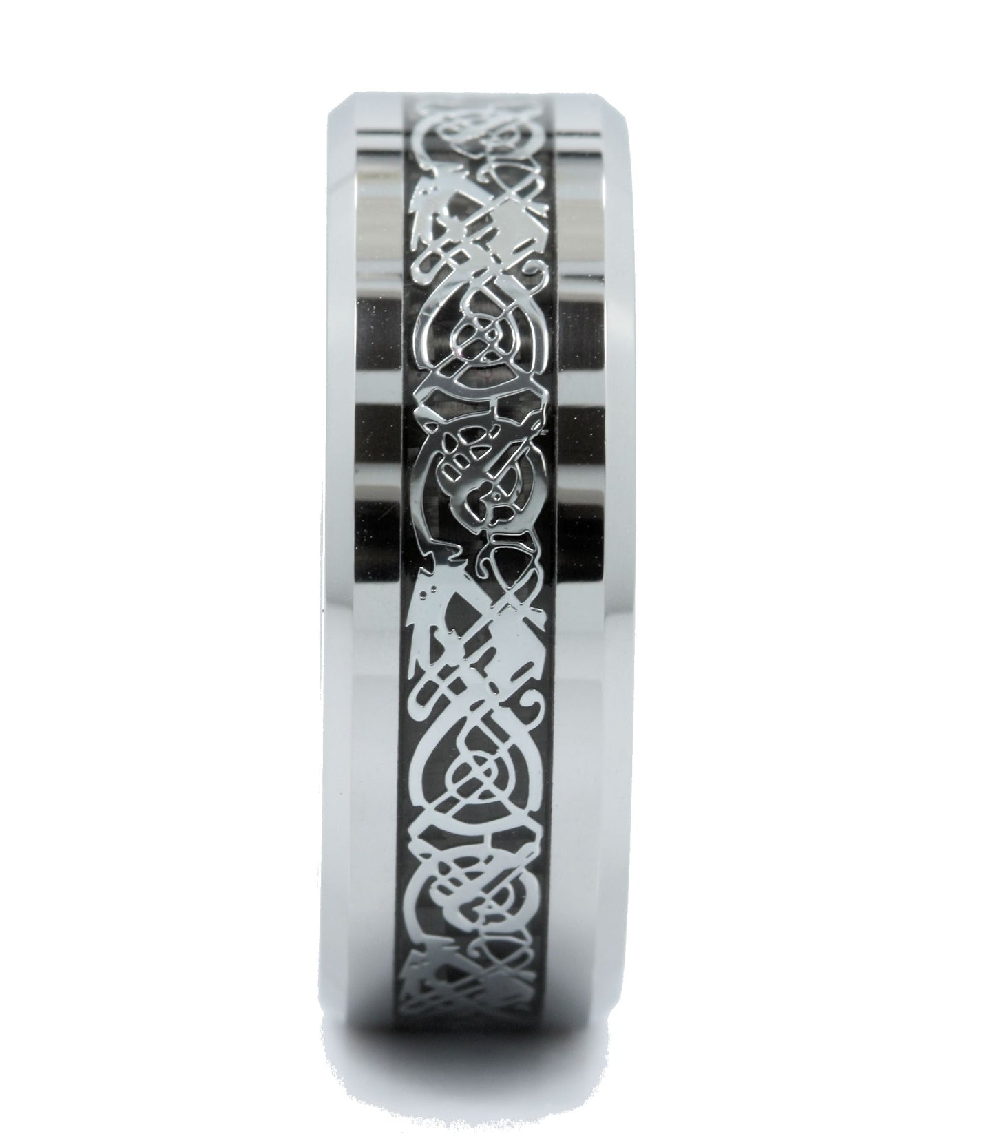 Celtic Dragon Inlay Tungsten Carbide Wedding Ring Black Background comfort fit 8mm