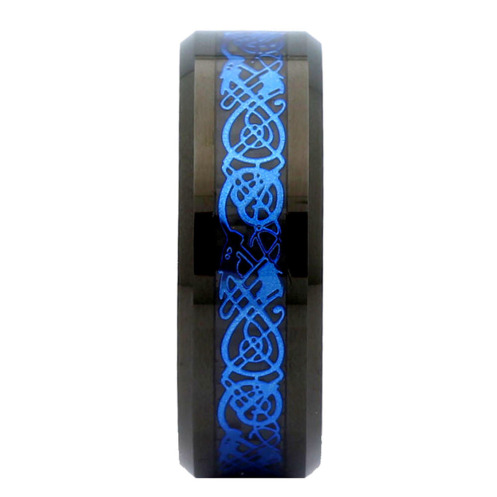 Black Plated Tungsten Carbide Wedding Ring - Embrace Dual Styles with Blue or Silver Celtic Dragon Inlay Band (Comfort Fit, 8mm)