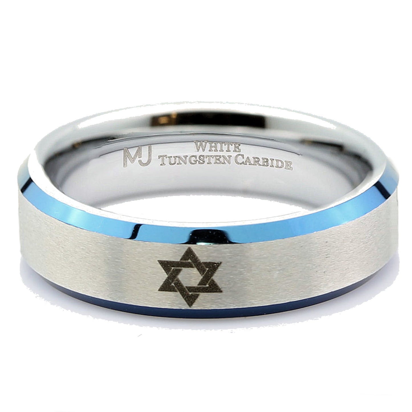 Star fo David ring 6mm polished White Tungsten Carbide Band unique Made to order