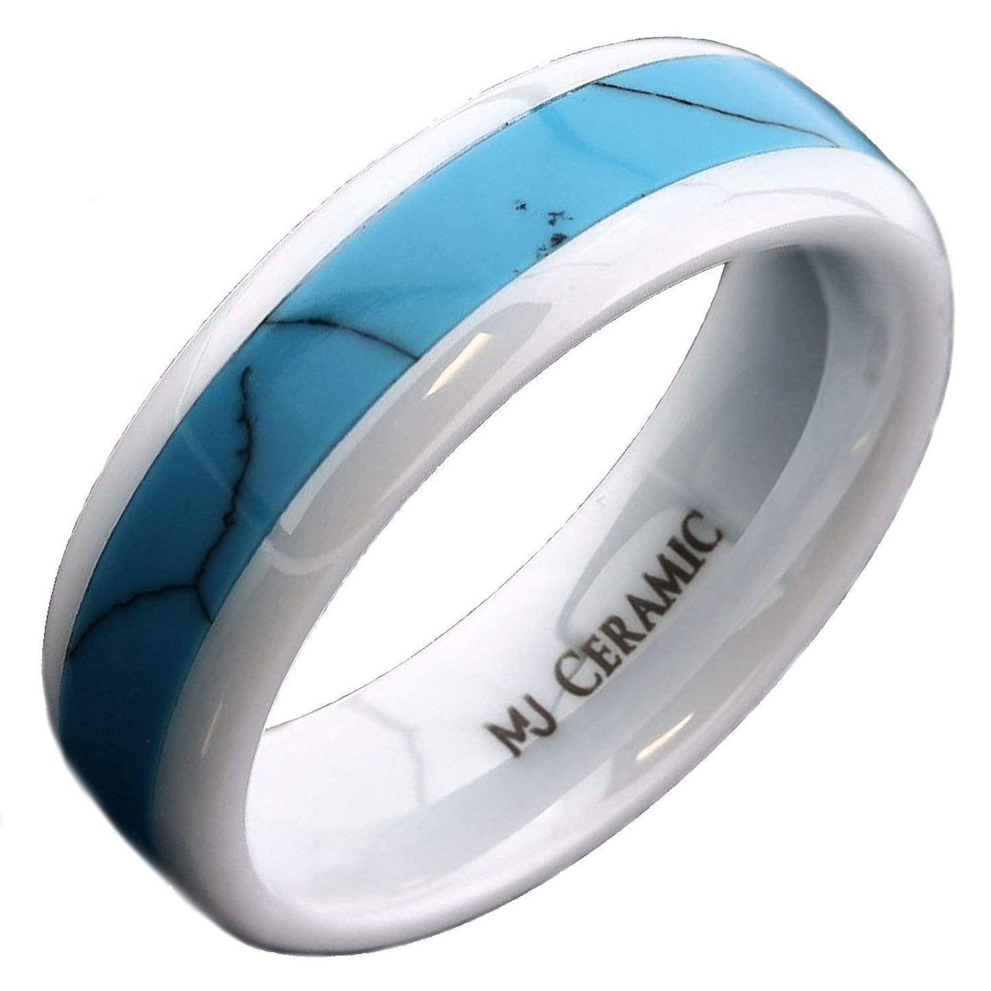 White Ceramic Wedding Band, Inlay Made from Real Turquoise, 6mm Ring Size