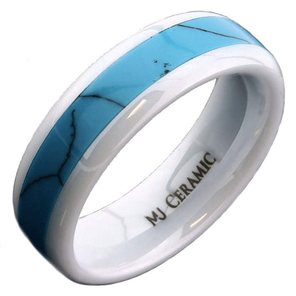 White Ceramic Wedding Band, Inlay Made from Real Turquoise, 6mm Ring Size