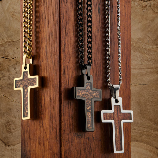 Tungsten Carbide Cross Gold Plated, Black Plated or Polished with Different Inlays and Stainless Steel Cuban necklace