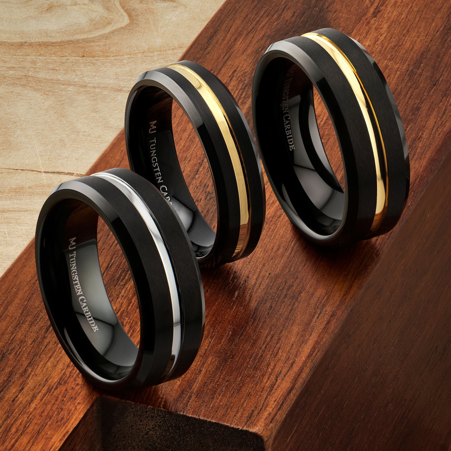 Tungsten Carbide Wedding Band Matt Black Plated with Gold Plated Center Comfort Fit Ring