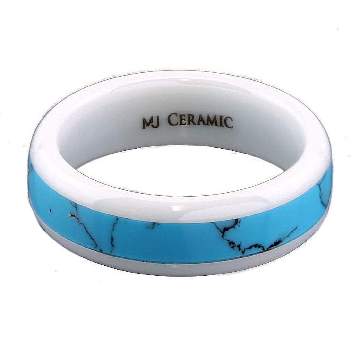 White Ceramic Wedding Band, Inlay Made from Real Turquoise, 6mm Ring Size