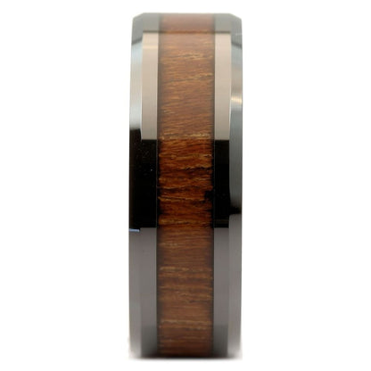 8mm Black Ceramic Wedding Band Natural Acacia Koa Wood Inlay Comfort Fit
