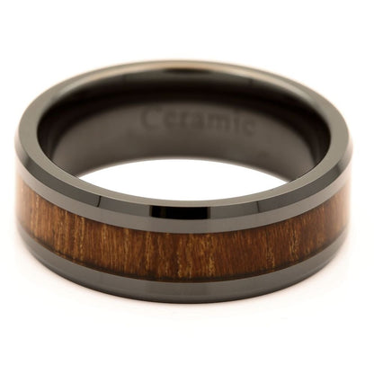 8mm Black Ceramic Wedding Band Natural Acacia Koa Wood Inlay Comfort Fit