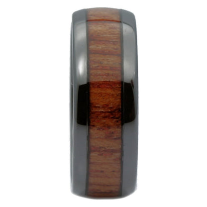Black Ceramic Wedding Band, Inlay Made from Real Koa Wood, Ring Comfort Fit