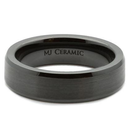 Black Ceramic Ring Brushed Center Recessed Polished Edge Wedding Band 6mm