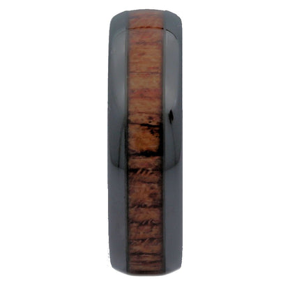 Black Ceramic Wedding Band, Inlay Made from Real Koa Wood, Ring Comfort Fit