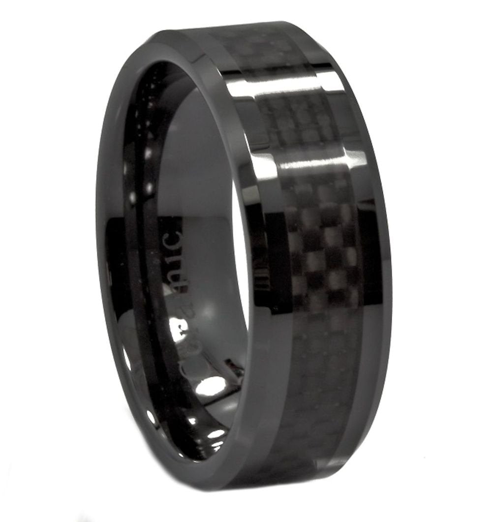 Black Ceramic Carbon Fiber Inlay Wedding Band Comfort Fit Ring | Men Women Band  | 8mm