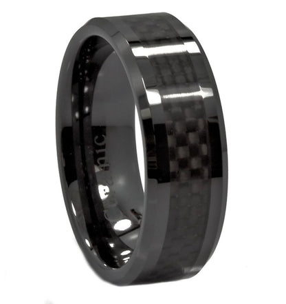 Black Ceramic Carbon Fiber Inlay Wedding Band Comfort Fit Ring | Men Women Band  | 8mm
