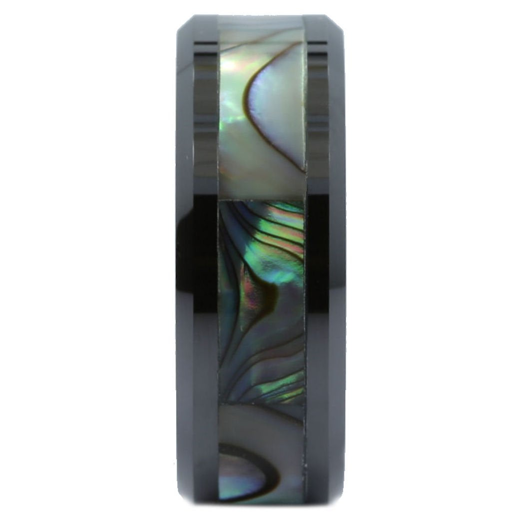 Abalone Shell Inlay Black Ceramic Wedding Band Ring 8mm