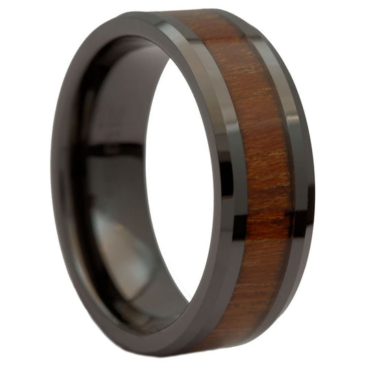 8mm Black Ceramic Wedding Band Natural Acacia Koa Wood Inlay Comfort Fit