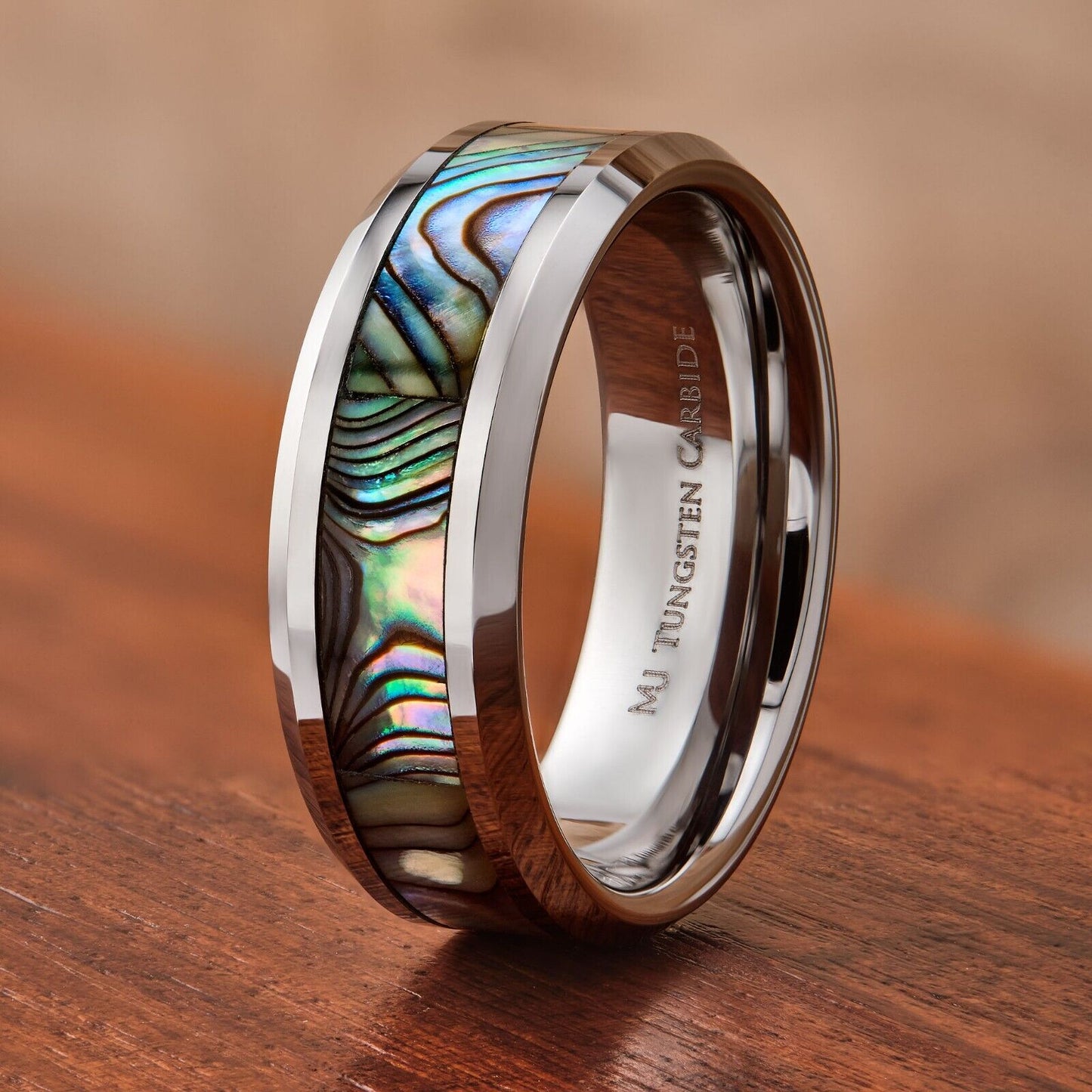 Tungsten Carbide 8mm Abalone Inlay with Recessed Edges Wedding Band Polished Fin