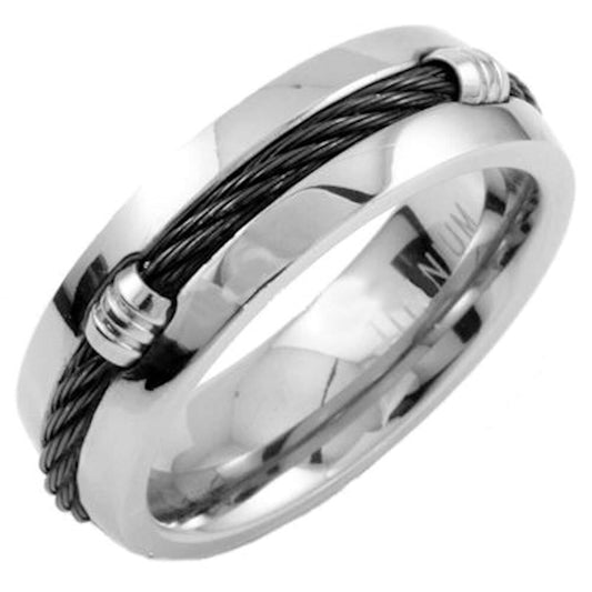7mm Titanium Ring with Black Stainless Steel Cable and Comfort Fit