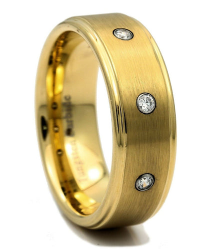 8mm Tungsten Carbide Wedding Ring 3 CZ Brushed Center Polished Edges