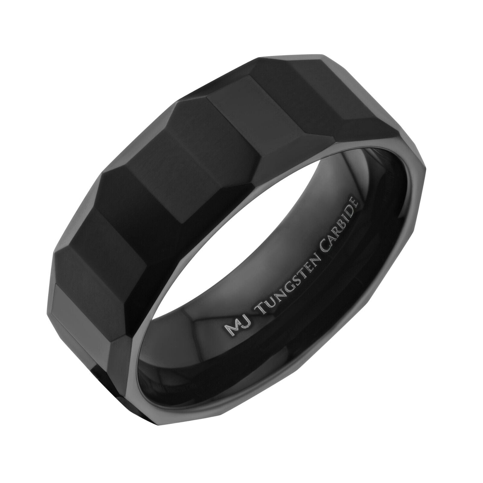Tungsten Carbide 8mm Geometric Multi Faceted Band Black Plated Finish Ring