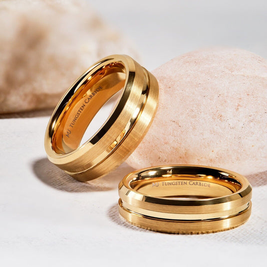 6mm or 8mm Brushed Gold Plated Tungsten Carbide Band Polished Edges Ring