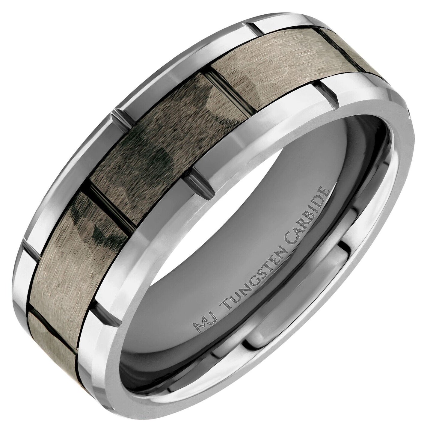 Tungsten Carbide 8mm Band Brushed Hammered Brick Pattern Notched Edges Ring