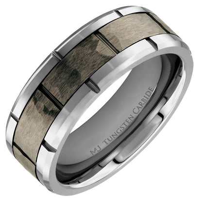 Tungsten Carbide 8mm Band Brushed Hammered Brick Pattern Notched Edges Ring
