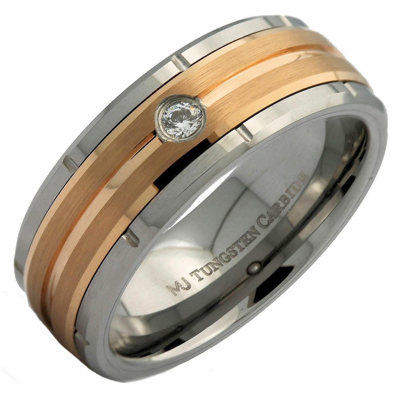 8mm Tungsten Carbide Rose Gold Plated Grooved Center 2mm CZ Ring