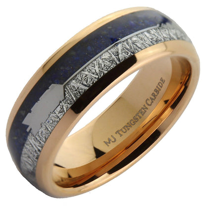 Tungsten Carbide Meteorite Inlay with a Choice of Koa Wood or Lapis Lazuli Inlay