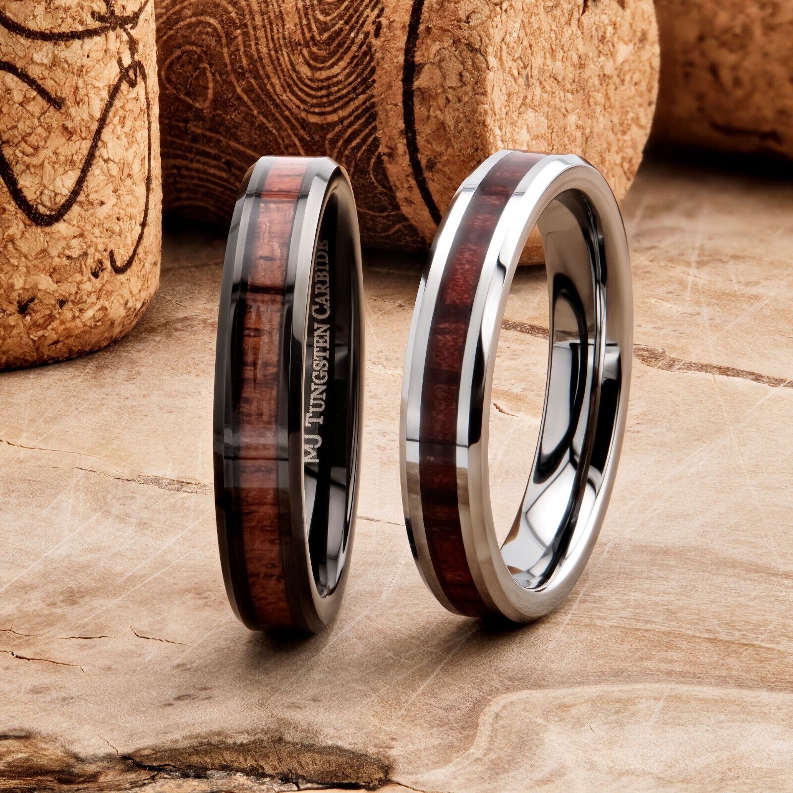 4mm Tungsten Carbide Koa Wood Inlay Black Plated or Polished Wedding Ring