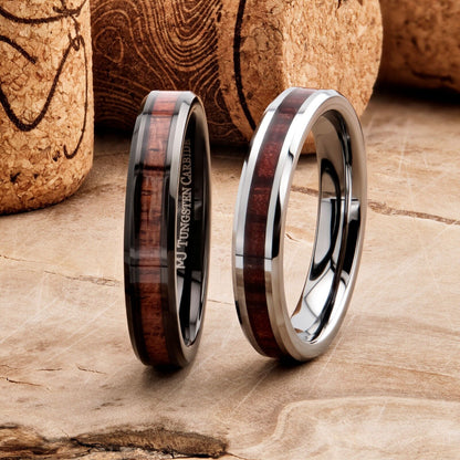 4mm Tungsten Carbide Koa Wood Inlay Black Plated or Polished Wedding Ring