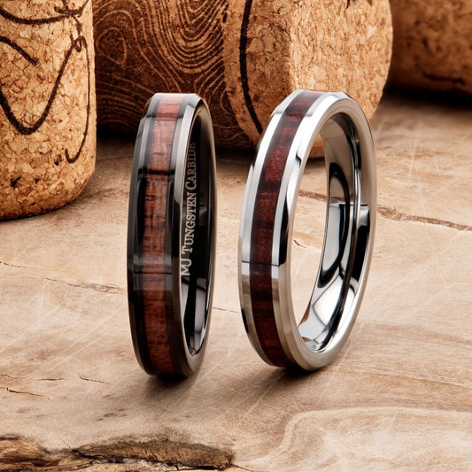 4mm Tungsten Carbide Koa Wood Inlay Black Plated or Polished Wedding Ring