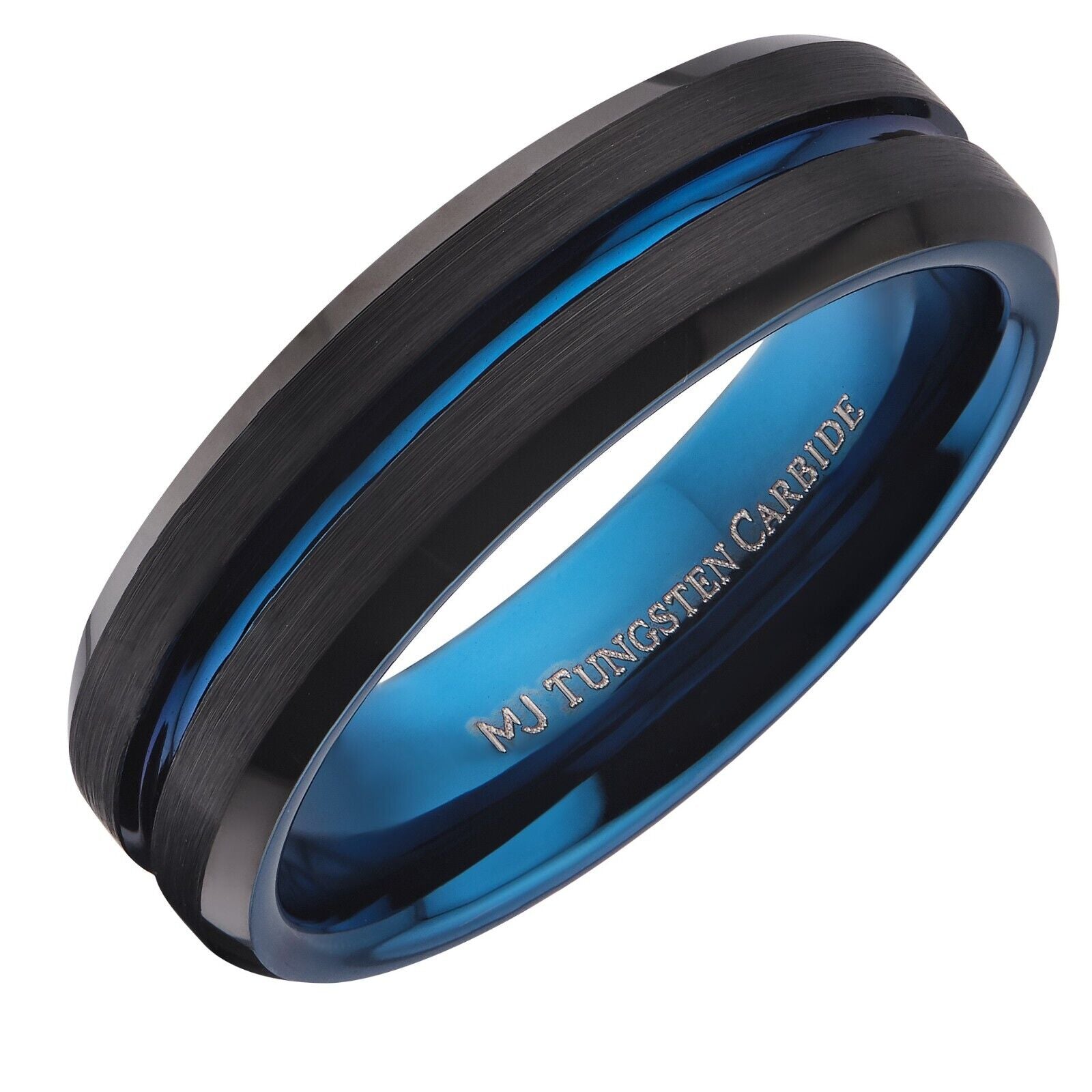 Tungsten Carbide 6mm or 8mm Band Blue Groove and Inside, Black Plated Ring