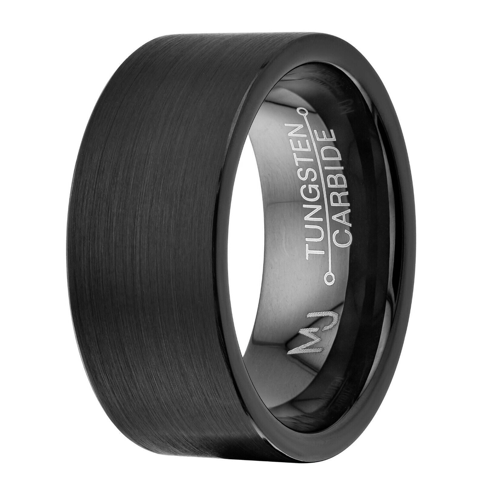 Brushed Black Plated 9mm Tungsten Carbide Pipe Cut Wedding Band Ring