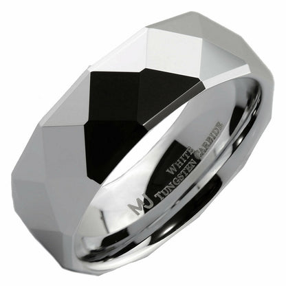 White Tungsten Carbide or Black Plated Multi Faceted Polished 6mm or 8mm Ring