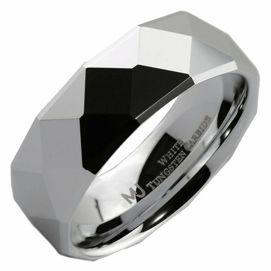 White Tungsten Carbide or Black Plated Multi Faceted Polished 6mm or 8mm Ring