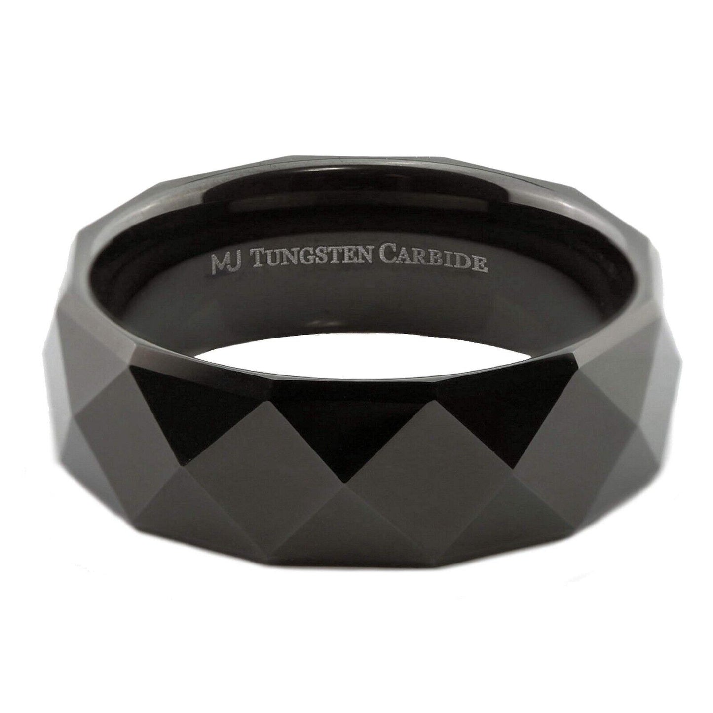 White Tungsten Carbide or Black Plated Multi Faceted Polished 6mm or 8mm Ring
