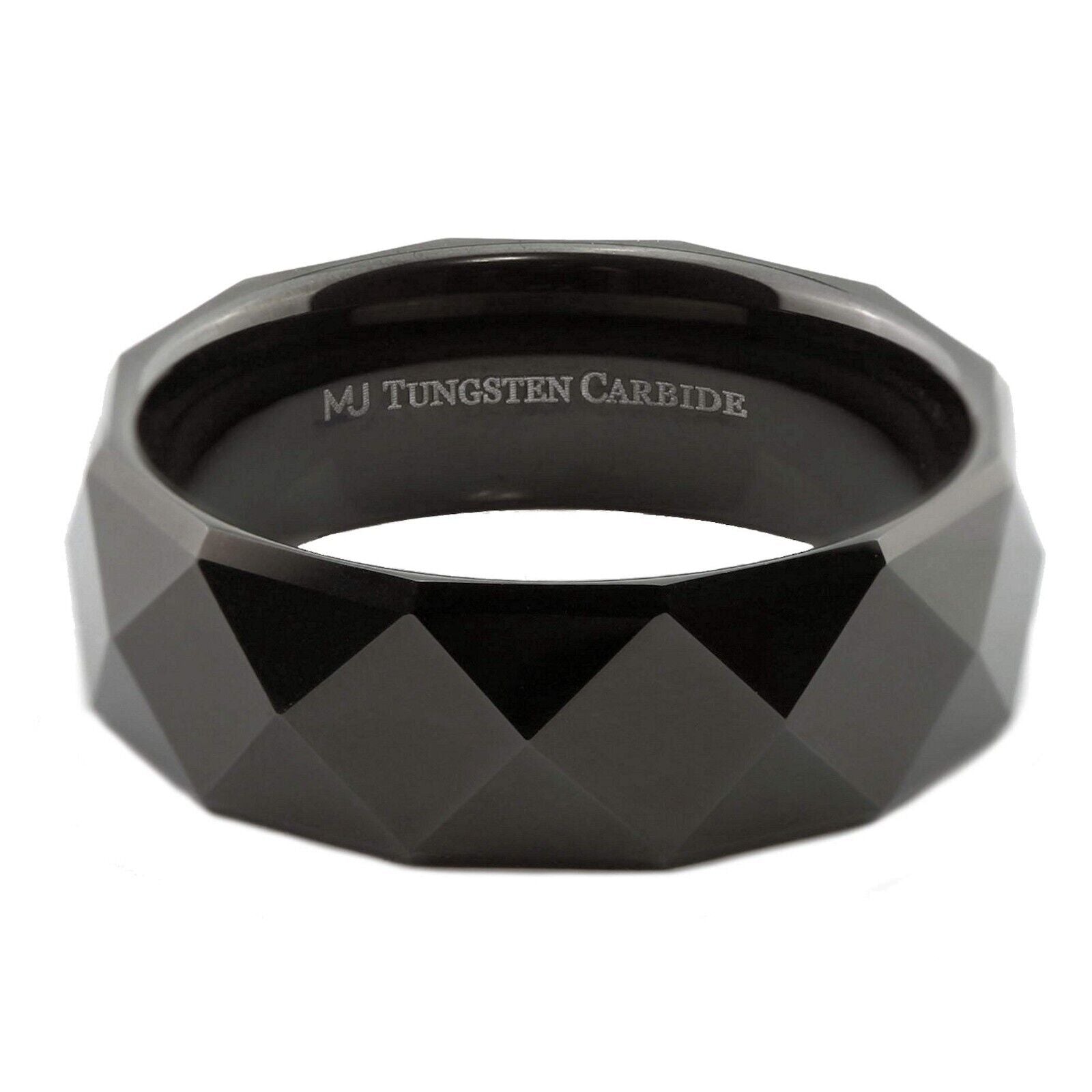 White Tungsten Carbide or Black Plated Multi Faceted Polished 6mm or 8mm Ring