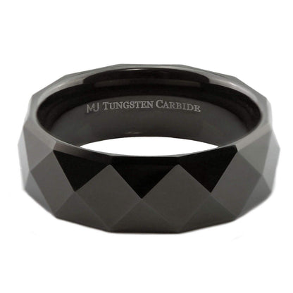 White Tungsten Carbide or Black Plated Multi Faceted Polished 6mm or 8mm Ring