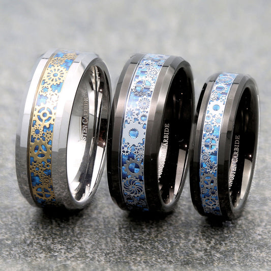 Steampunk Gear Inlay 8mm Polished or Black Plated Tungsten Carbide Wedding Ring