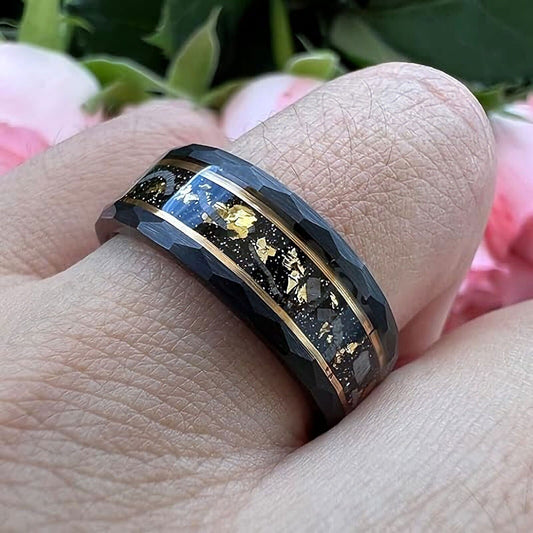 Tungsten Carbide Hammered 8mm Black Plated Wedding Band with Gold Foil Flecks In