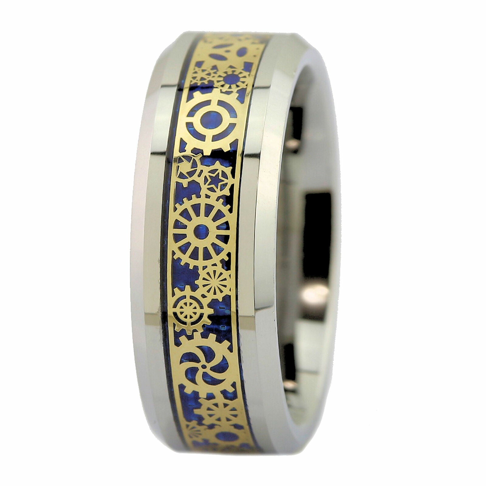 Steampunk Gear Inlay 8mm Polished or Black Plated Tungsten Carbide Wedding Ring