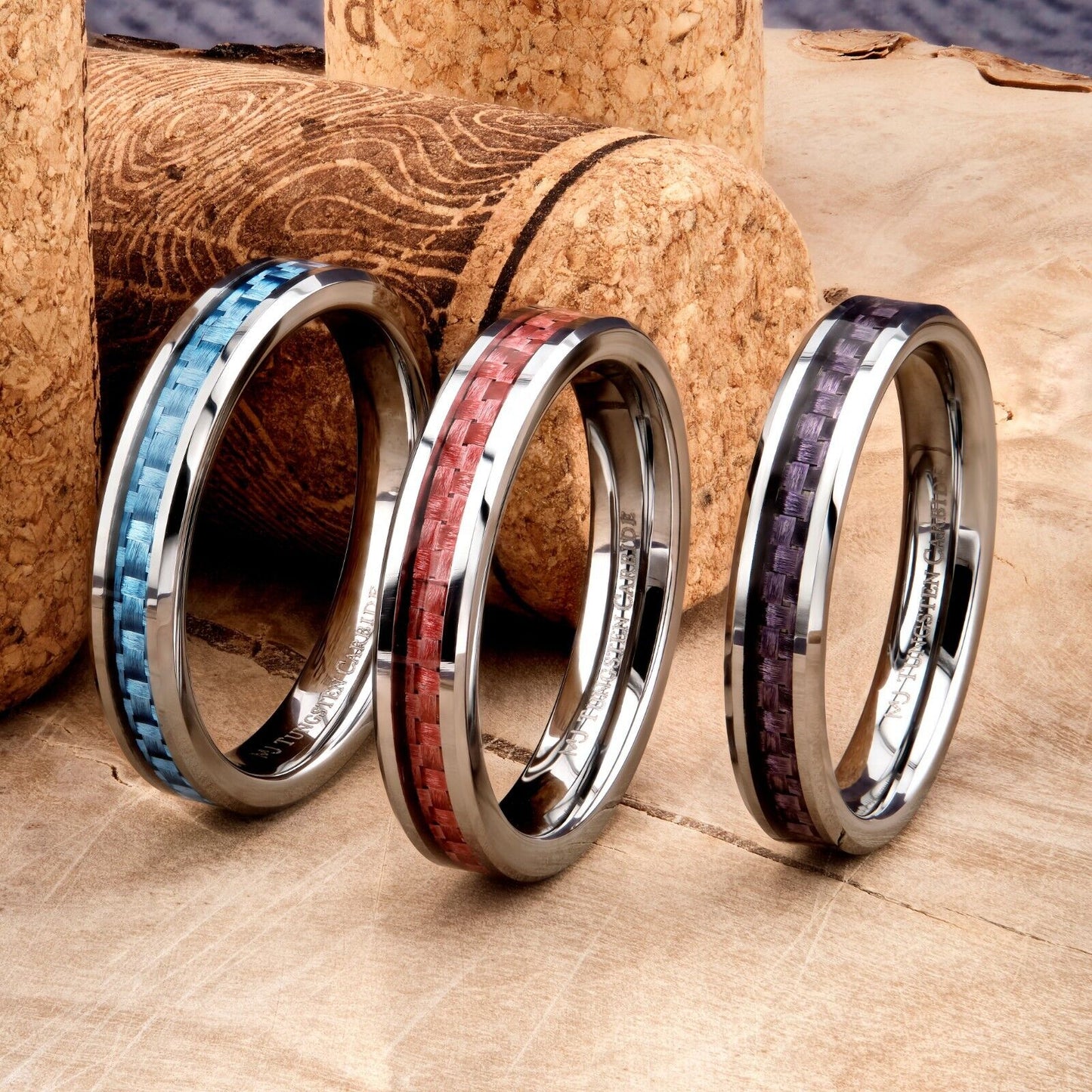 4mm Tungsten Carbide Blue, Pink or Purple Carbon Fiber Inlay Wedding Band