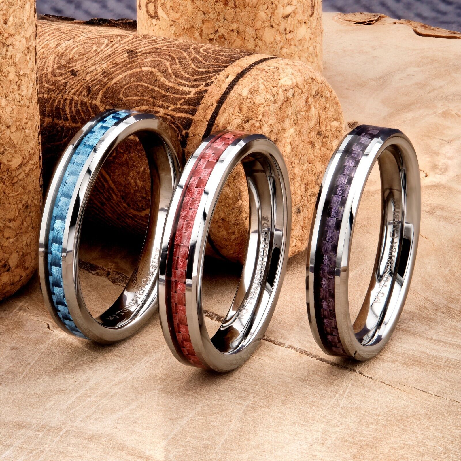 4mm Tungsten Carbide Blue, Pink or Purple Carbon Fiber Inlay Wedding Band