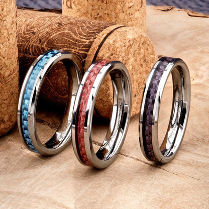 4mm Tungsten Carbide Blue, Pink or Purple Carbon Fiber Inlay Wedding Band