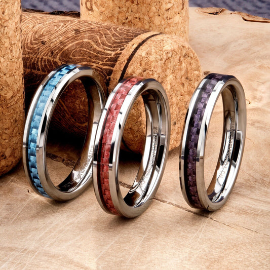 4mm Tungsten Carbide Blue, Pink or Purple Carbon Fiber Inlay Wedding Band