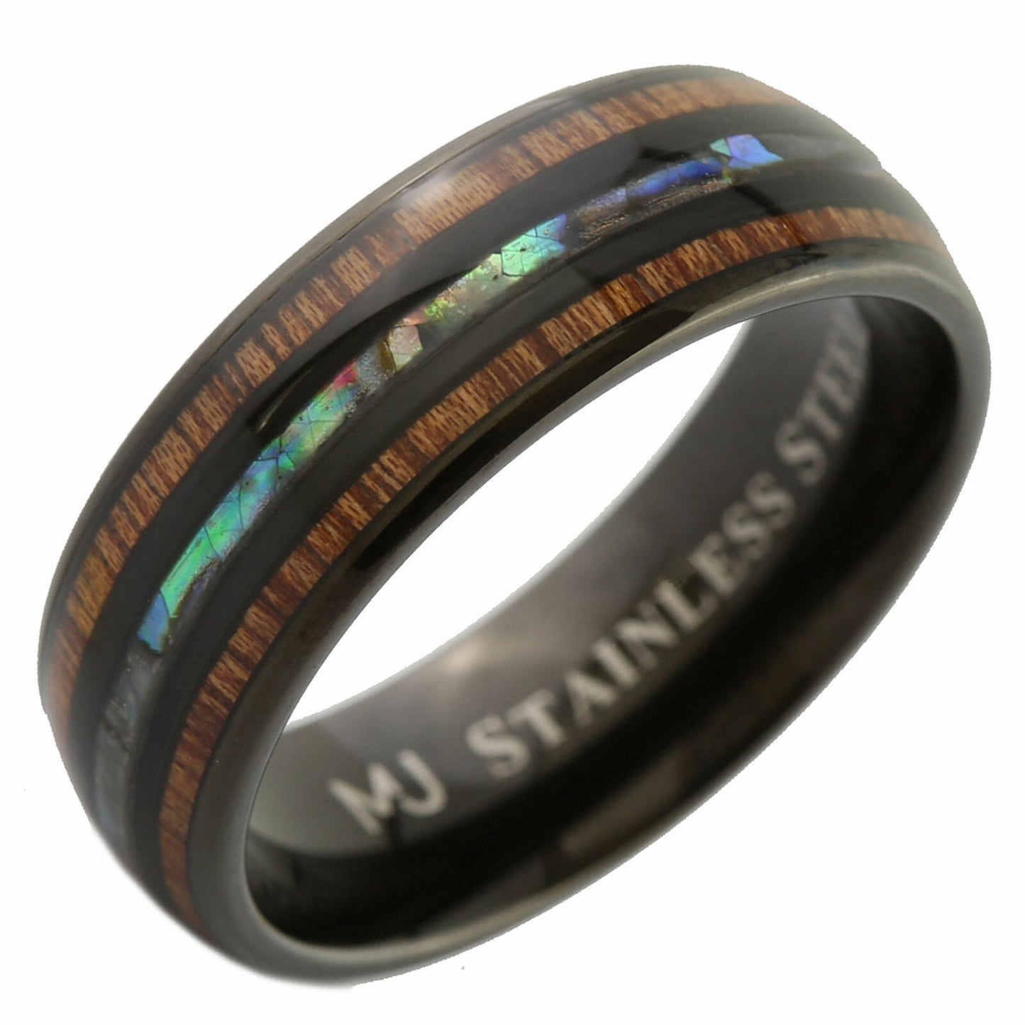 Custom Engraved Stainless Steel Abalone Inlay with Koa Wood or Faux Opal Ring