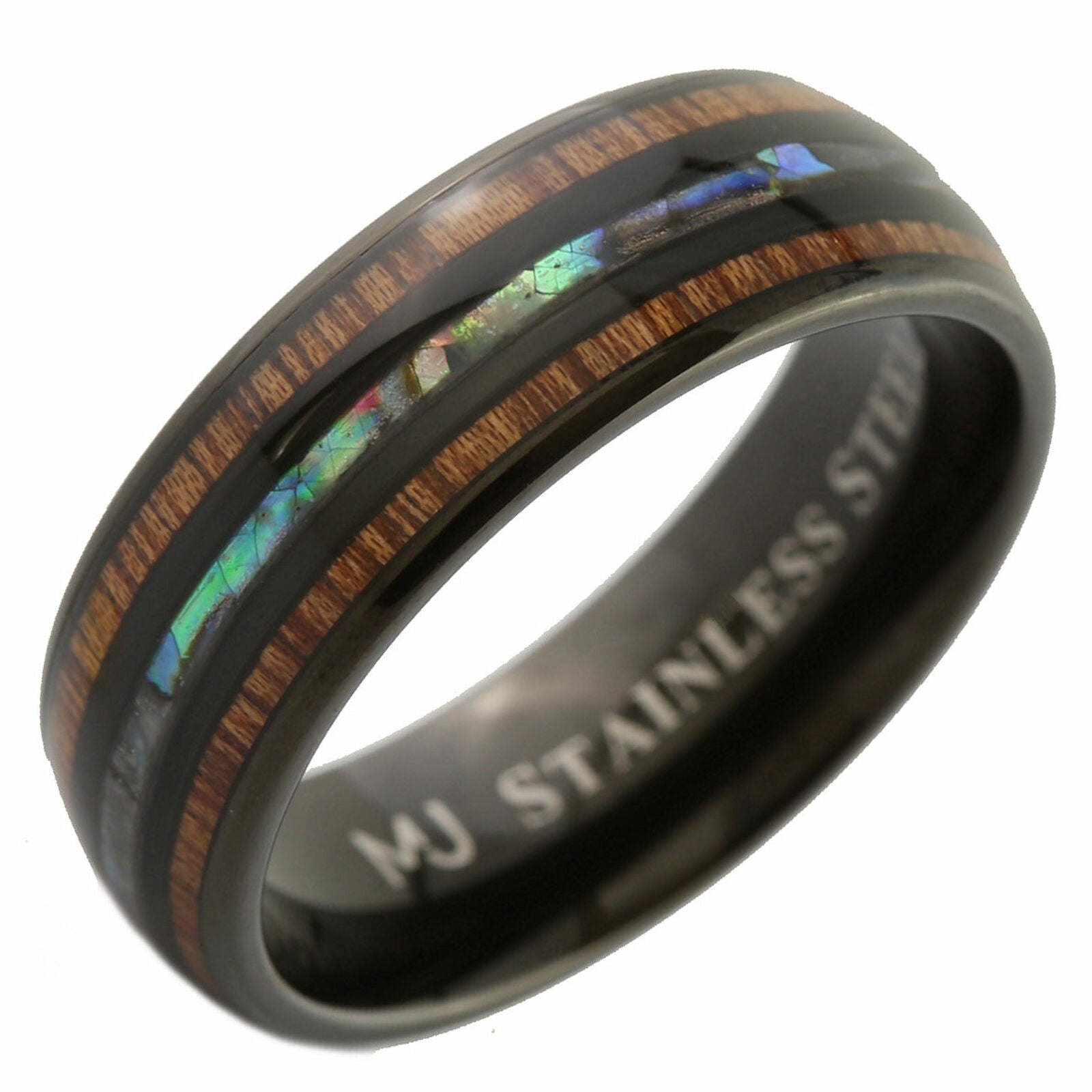 Custom Engraved Stainless Steel Abalone Inlay with Koa Wood or Faux Opal Ring