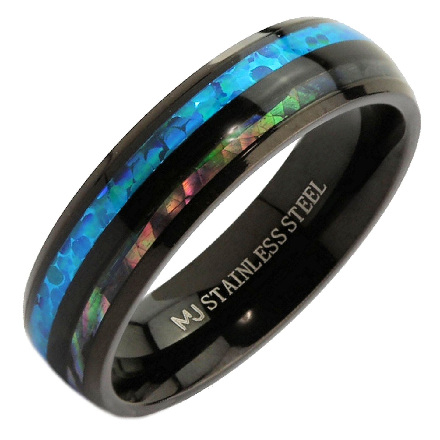 Black Stainless Steel Abalone Inlay, Koa Wood, Faux Opal Ring Comfort fit