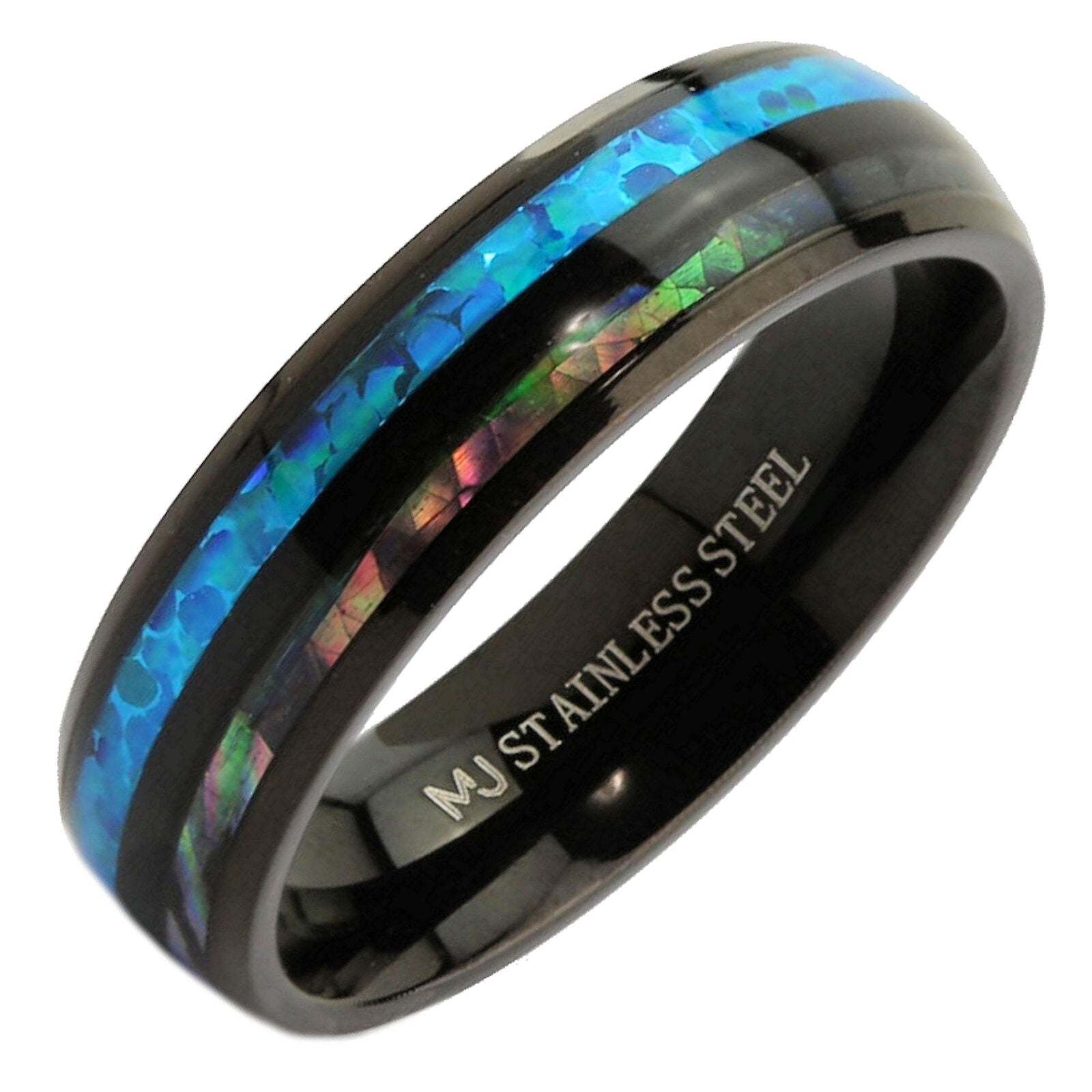 Black Stainless Steel Abalone Inlay, Koa Wood, Faux Opal Ring Comfort fit