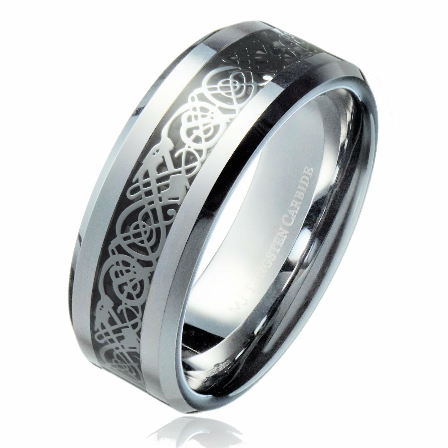 Tungsten Carbide Wedding Ring Styles Celtic Dragon Inlay comfort fit