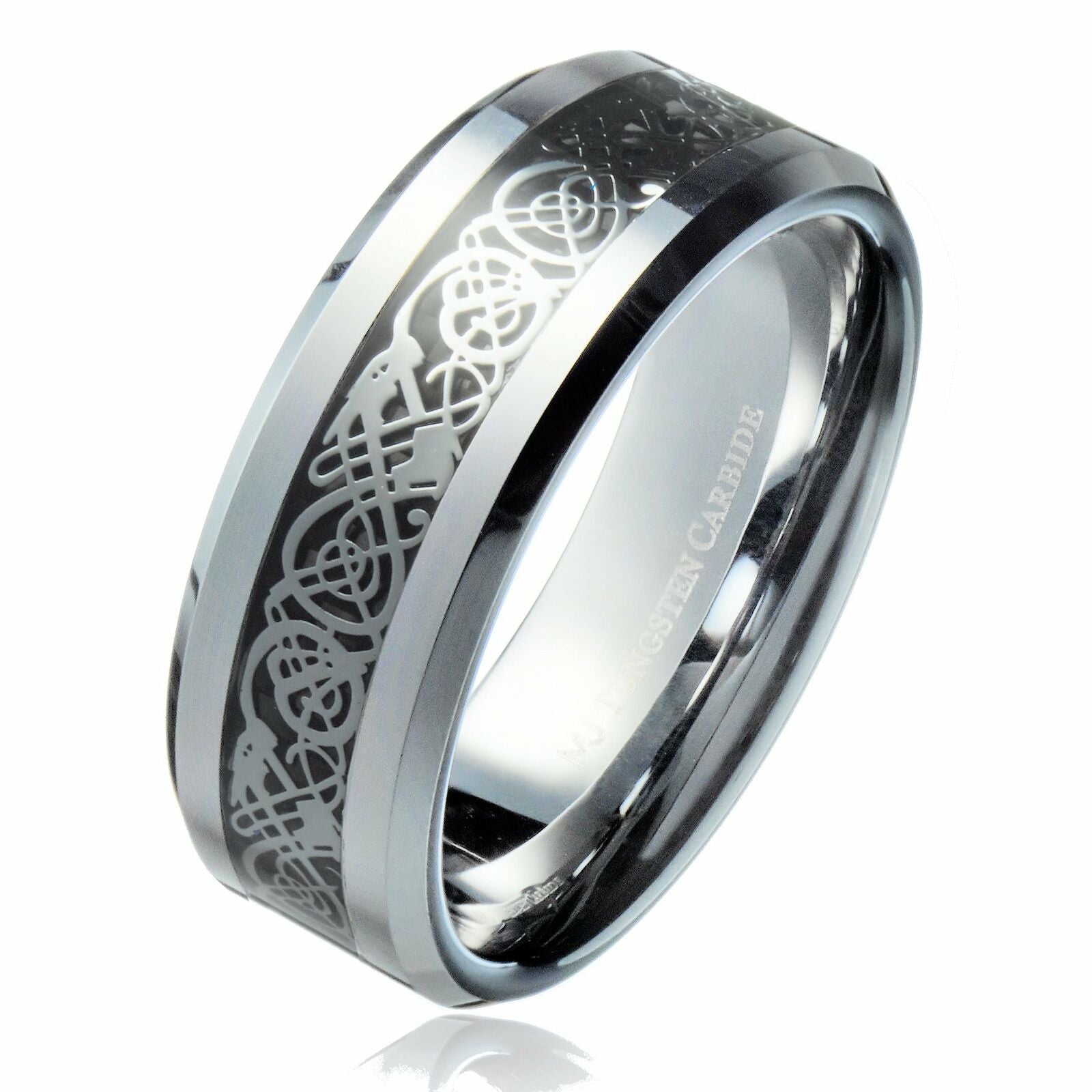 Tungsten Carbide Wedding Ring Styles Celtic Dragon Inlay comfort fit